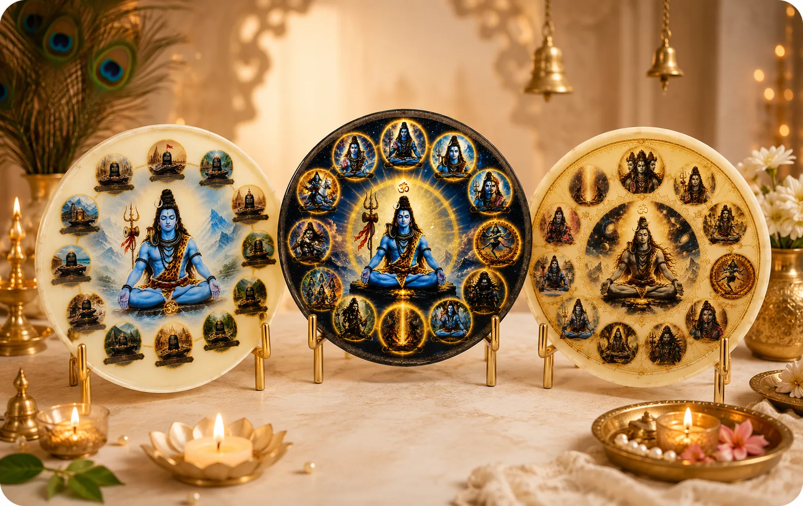 Bling on Decor Table top decor Handmade fully designed Three decorative plates featuring Hindu deities in meditative poses displayed on stands in a warm, candlelit setting.