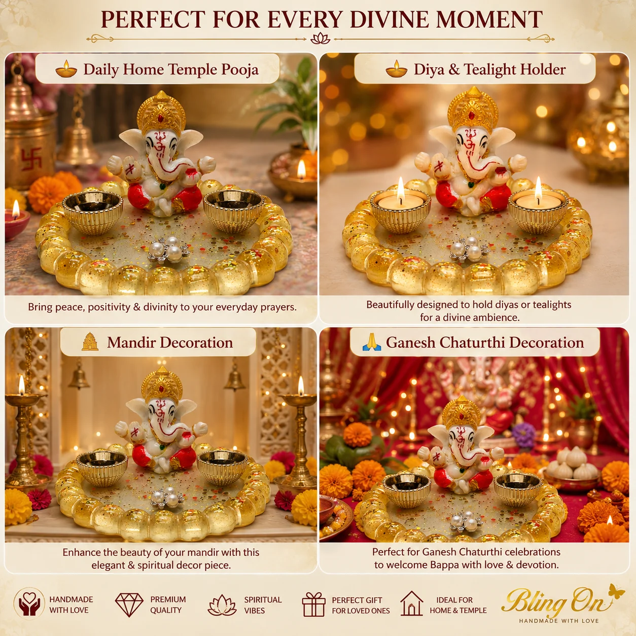 Bling-on®-handmade-lord-ganesha-resin-diya-holder-luxury-pooja-decor-decorative-oil-lamp-s-3webp - Bling On Decor® | Luxury Handmade Home Decor Ganesha idol on a gold decorative tray with two small bowls and candles for daily home temple pooja, shown with the label 'Daily Home Temple Pooja'.The scene aims to be a peaceful prayer setup. - Bling On Decor® | Luxury Handmade Home Decor ANJU BALA