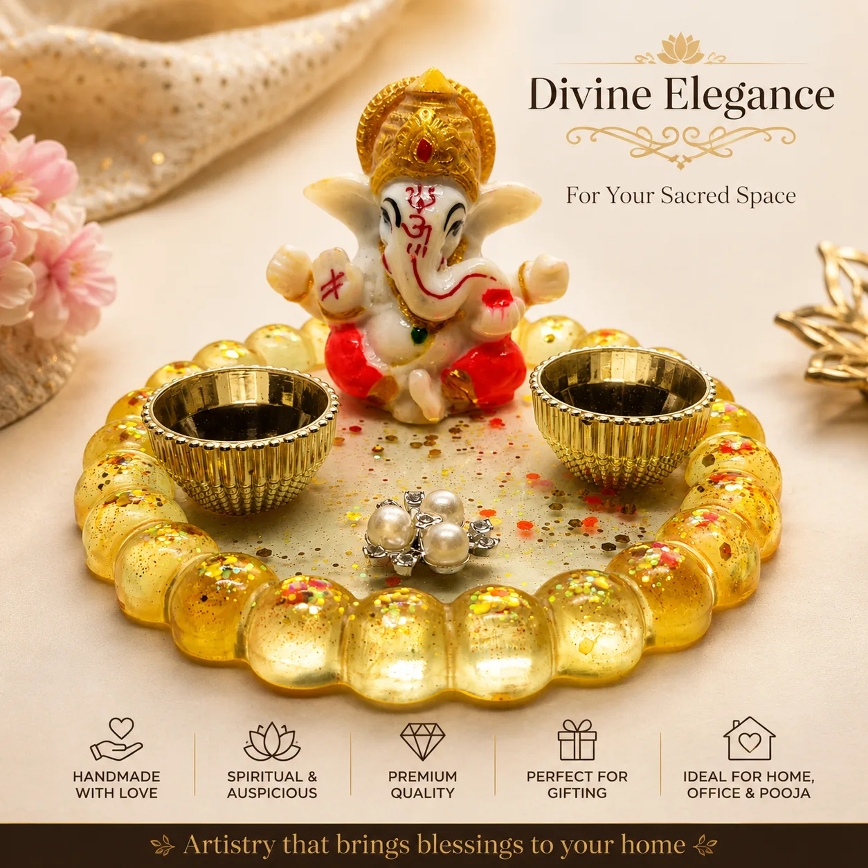 Bling-on®-handmade-lord-ganesha-resin-diya-holder-luxury-pooja-decor-decorative-oil-lamp-s-5webp - Bling On Decor® | Luxury Handmade Home Decor Decorative display of gold bangles, rings, and a small Ganesha statue promoting Divine Elegance for sacred spaces. - Bling On Decor® | Luxury Handmade Home Decor ANJU BALA
