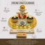 Ganesh-idols-webp - Bling On Decor® | Luxury Handmade Home Decor Complete pooja kit with a handcrafted Lord Ganesha idol, two premium metal diya holders, a decorative flower accent, a resin tray, incense sticks, and a matchbox. - Bling On Decor® | Luxury Handmade Home Decor ANJU BALA