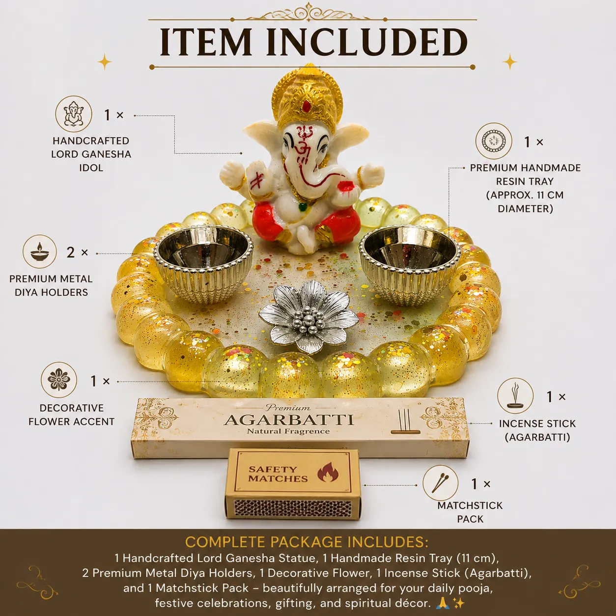 Ganesh-idols-webp - Bling On Decor® | Luxury Handmade Home Decor Complete pooja kit with a handcrafted Lord Ganesha idol, two premium metal diya holders, a decorative flower accent, a resin tray, incense sticks, and a matchbox. - Bling On Decor® | Luxury Handmade Home Decor ANJU BALA