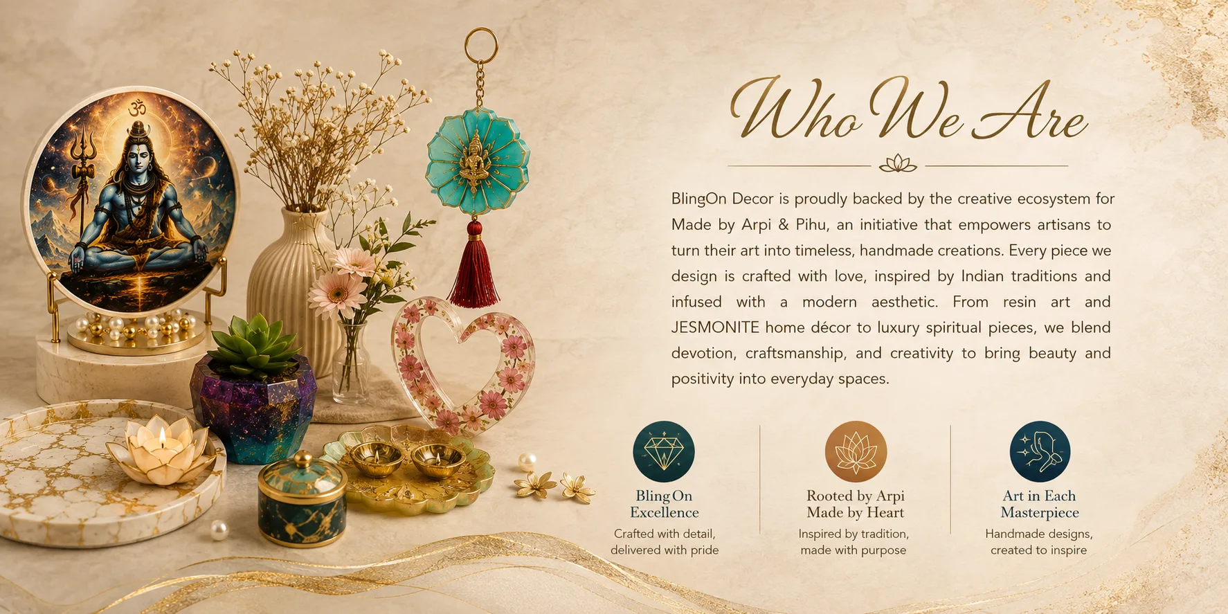 Decorative hero banner for BlingOn Decor with flowers, trinkets, and the 'Who We Are' headline on the right panel. - Bling On Decor® | Luxury Handmade Home Decor ANJU BALA - Bling On Decor® | Luxury Handmade Home Decor ANJU BALA