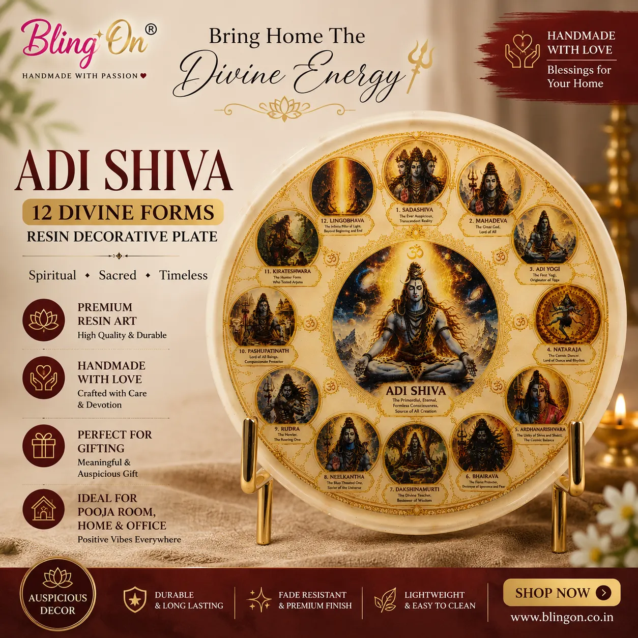 Advert for Bling On: a decorative resin plate featuring Adi Shiva in the center with 12 surrounding divine forms in a gold ornate circle; conveys sacred, premium home decor. - Bling On Decor® | Luxury Handmade Home Decor ANJU