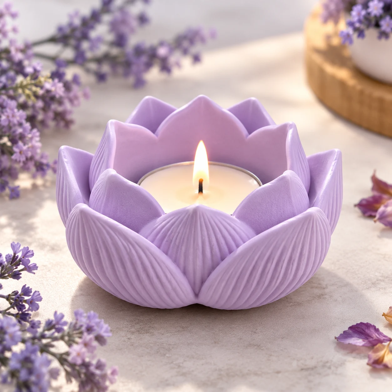 Lavender Lotus Candle Glow - Bling On Decor® | Luxury Handmade Home Decor Purple lotus-shaped candle holder with a lit tealight, surrounded by sprigs of lavender flowers. - Bling On Decor® | Luxury Handmade Home Decor ANJU