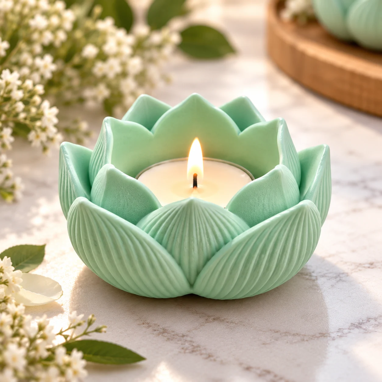 Lit tealight in a mint-green lotus-shaped candle holder on a marble surface. - Bling On Decor® | Luxury Handmade Home Decor ANJU