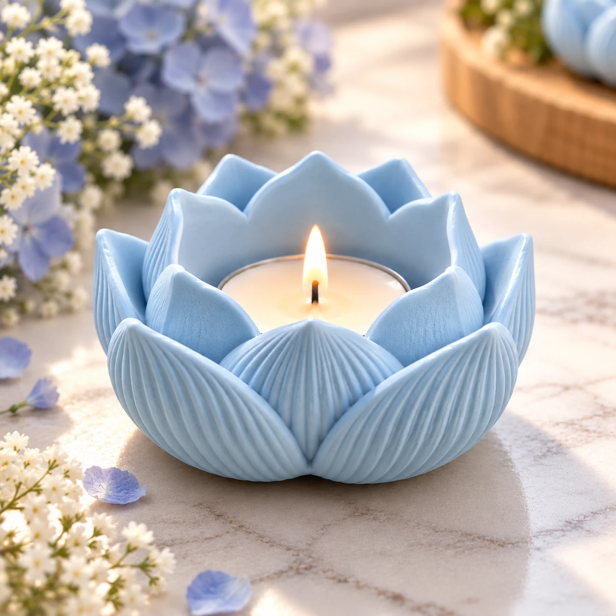 Pastel Blue Lotus Candle Glow - Bling On Decor® | Luxury Handmade Home Decor Blue lotus flower-shaped candle holder with a lit candle in the center, surrounded by soft floral decor and petals (decorative glow). - Bling On Decor® | Luxury Handmade Home Decor ANJU
